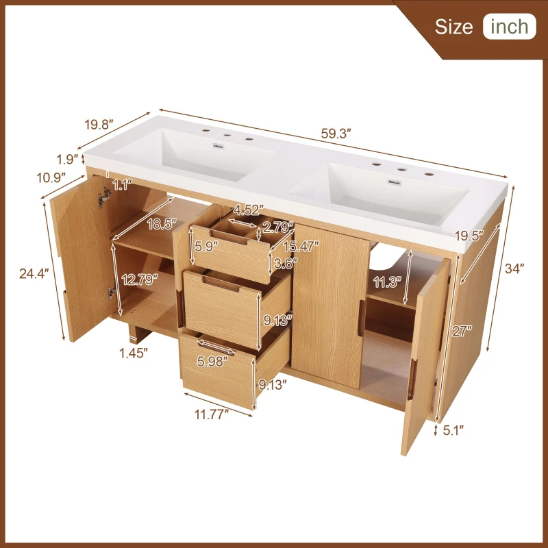 Modern Bathroom Vanity with Soft-Close Hinges & Hidden Drawer Slides, Elegant Vanity Cabinet with Resin Sink, 59.5'' L x 20'' W x 34'' H, Wood