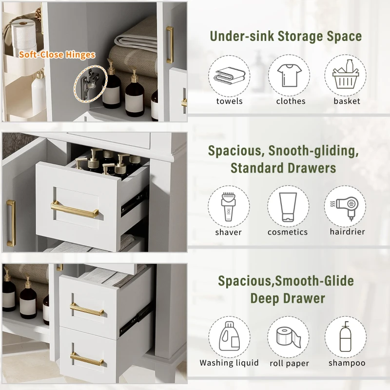 Solid Bathroom Vanity with Ceramic Undermount/Drop-In Sink, Modern Storage Cabinet for Compact Washrooms, 30'' L x 18'' W x 34'' H, White