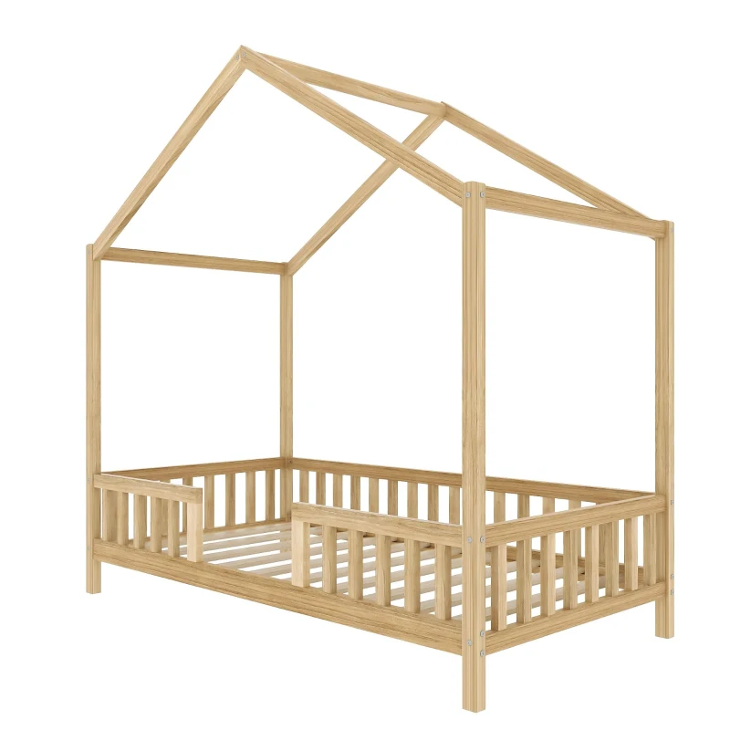 Twin House-Style Toddler Bed with Full Guardrails and DIY Canopy Frame, Montessori Floor Bed with Canopy, 78.5'' L x 41.5'' W x 78'' H, Natural