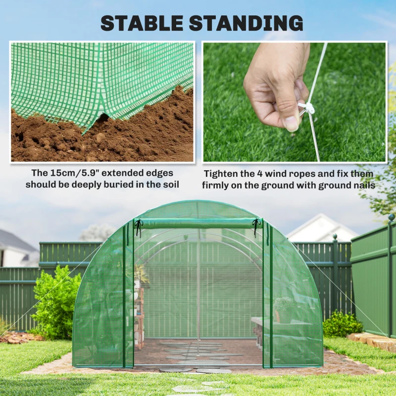 Outsunny Walk-in Tunnel Greenhouse with 2 Support Rods, Mesh Door, Plant Hot House with PE Cover, 20'x10'x7', Green