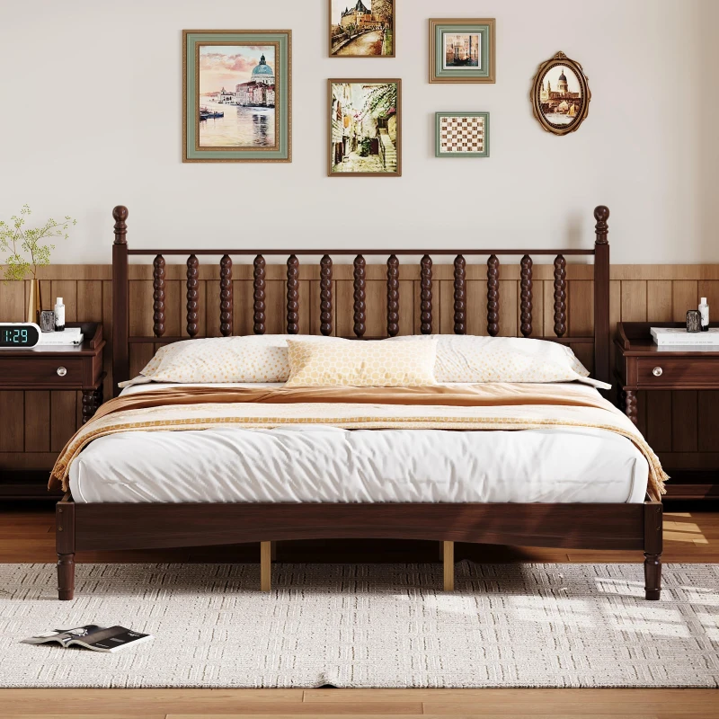 King-Size Wood Platform Bed with Gourd-Shaped Headboard, Sturdy Wooden Frame for Classic or Eclectic Interior, 84.5'' L x 79'' W x 45'' H, Walnut