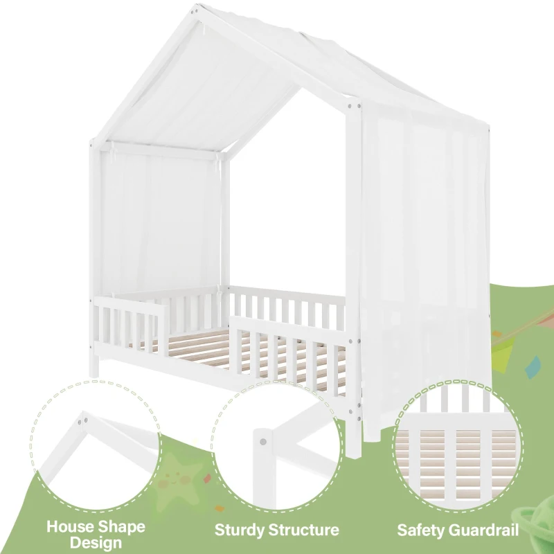 Twin House-Shaped Toddler Bed with 4 High Guard Railings & Roof Frame, Montessori Floor Bed with Canopy, 78.5'' L x 41.5'' W x 78'' H, White
