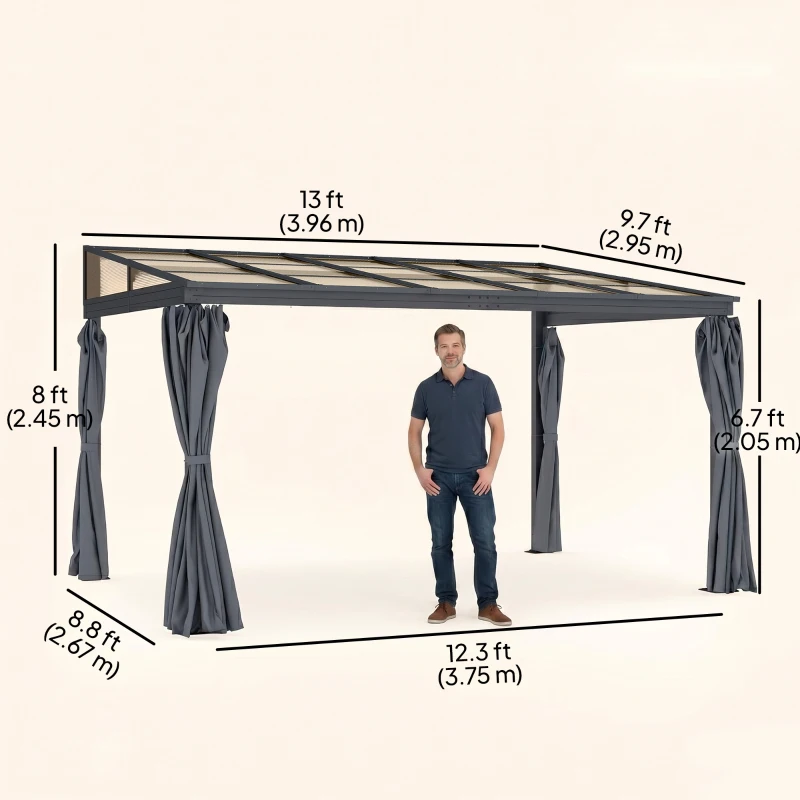 Outsunny 10' x 13' Outdoor Hardtop Pergola Gazebo with Polycarbonate Roof, UV Protection Sun Shelter with Curtains for Garden, Patio and Outdoor Events