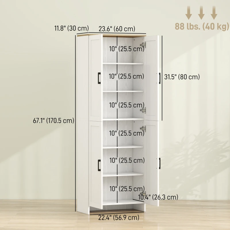 HOMCOM 67" 4-Door Kitchen Pantry Cabinet, Freestanding Storage Cabinet Cupboard with Adjustable Shelves, White