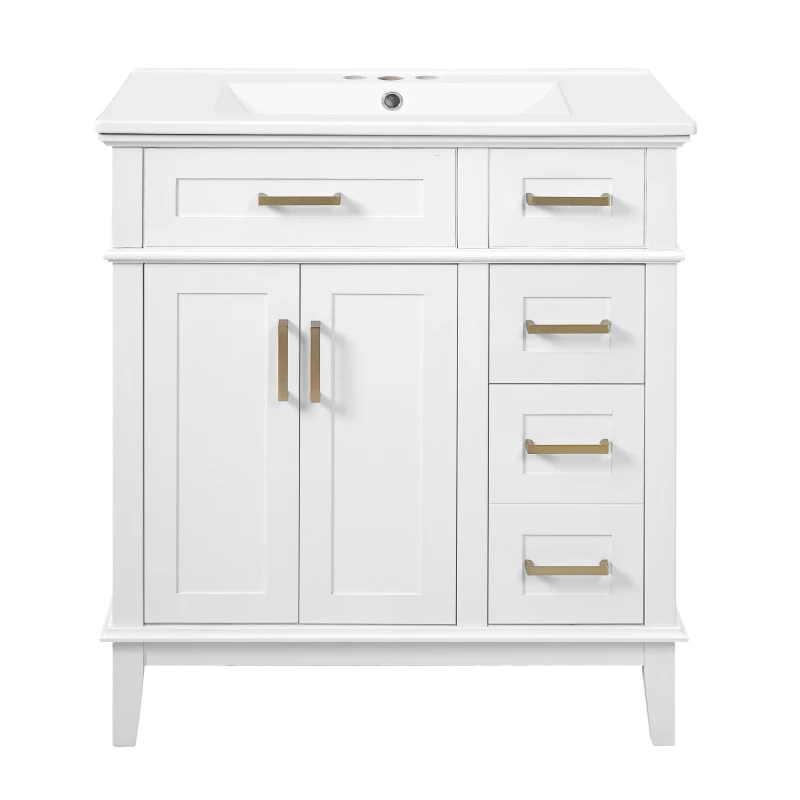 Solid Bathroom Vanity with Ceramic Undermount/Drop-In Sink, Modern Storage Cabinet for Compact Washrooms, 30'' L x 18'' W x 34'' H, White