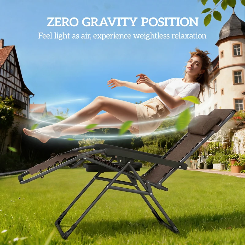Outsunny Zero Gravity Chair Set of 2, Folding Reclining Outdoor Lounge Chair with Cup Holder, Headrest, Brown