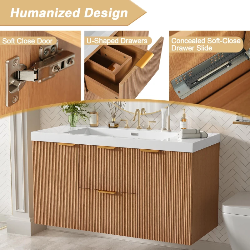 Single Sink Bathroom Vanity with SMC Integrated Sink, Wall-Mounted Floating Cabinet for Contemporary Homes, 42'' L x 19.5'' W x 23.5'' H, Wood