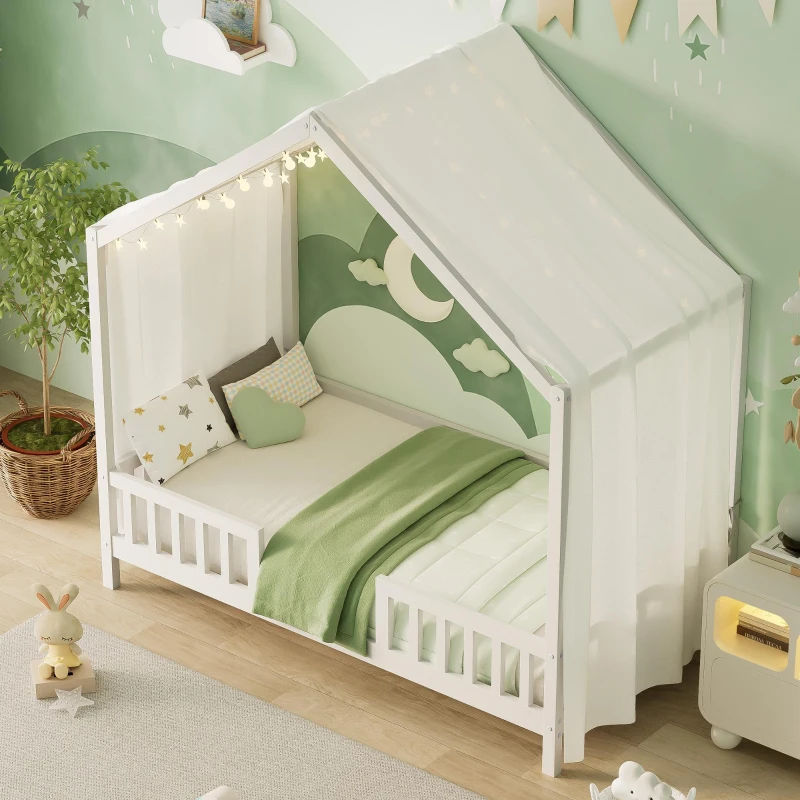 Twin House-Shaped Toddler Bed with 4 High Guard Railings & Roof Frame, Montessori Floor Bed with Canopy, 78.5'' L x 41.5'' W x 78'' H, White