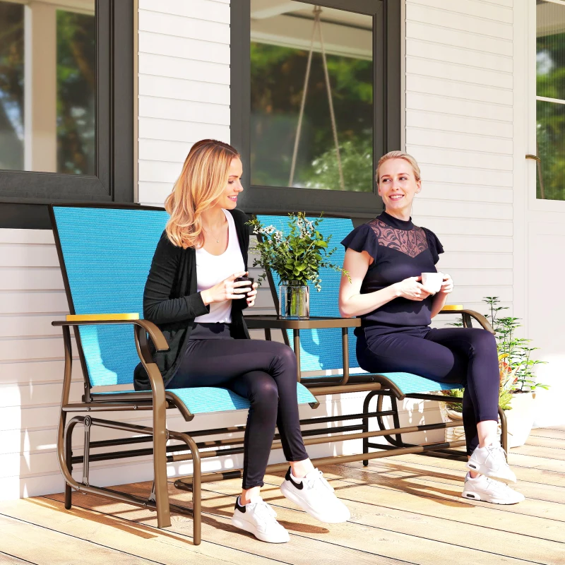 Outsunny Outdoor 2-Person Glider Bench, Outside Glider Swing Chair Loveseat with Table, Steel Frame, Blue