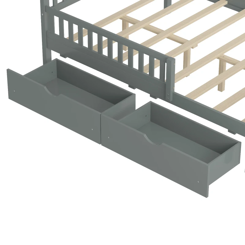 Full Size Wood Platform Bed with 2 Under-Bed Storage Drawers, Solid Bed Frame with Guardrails on Both Sides, 77.5'' L x 57.5'' W x 34.5'' H, Grey