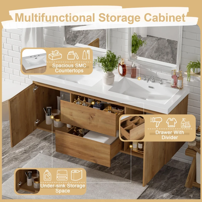Double Sink Bathroom Vanity with Spacious Under-Sink Storage, Wall-Mounted Floating Cabinet with SMC Top, 59.5'' L x 20'' W x 25.5'' H, Wood