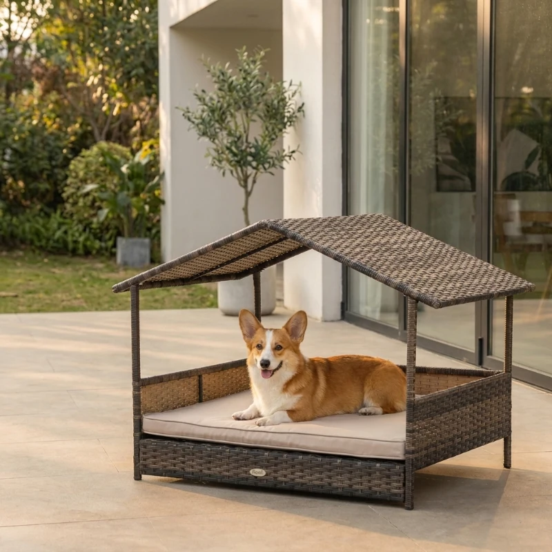 PawHut Wicker Dog House Outdoor with Canopy, Rattan Dog Bed with Water-resistant Cushion, Raised Dog Bed for Small, Medium Dogs up to 66 lbs, 19.75" in Length, Brown Wicker, White Cushion