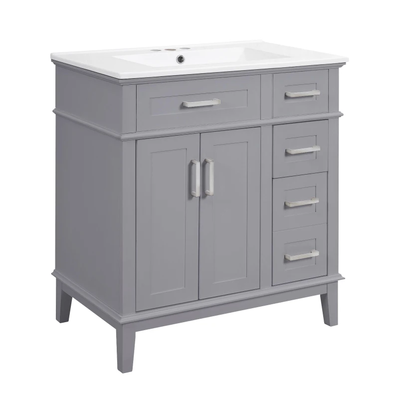 Free-Standing Bathroom Vanity with Ceramic Undermount/Drop-In Sink, Modern Storage Cabinet for Small Condos, 30'' L x 18'' W x 34'' H, Grey