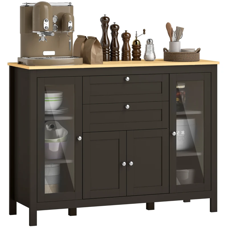 HOMCOM Buffet Cabinet Sideboard with 2 Drawers, 3 Storage Cabinets, Glass Doors and Adjustable Shelves, Dark Brown