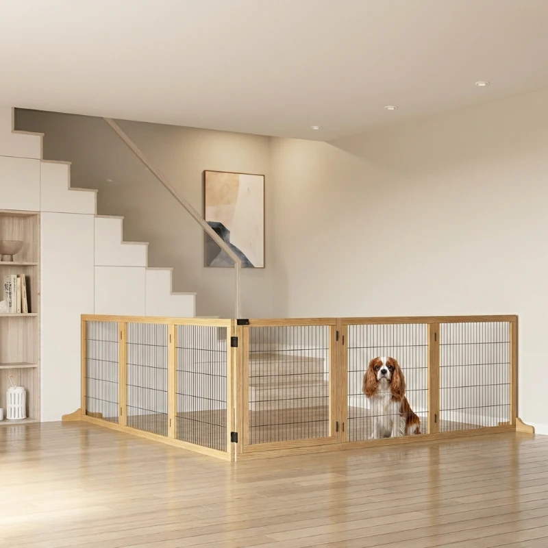 PawHut Wooden Pet Gate, 6-Panel Folding Dog Safety Barrier with Support Feet for Small & Medium Dogs, Natural Wood