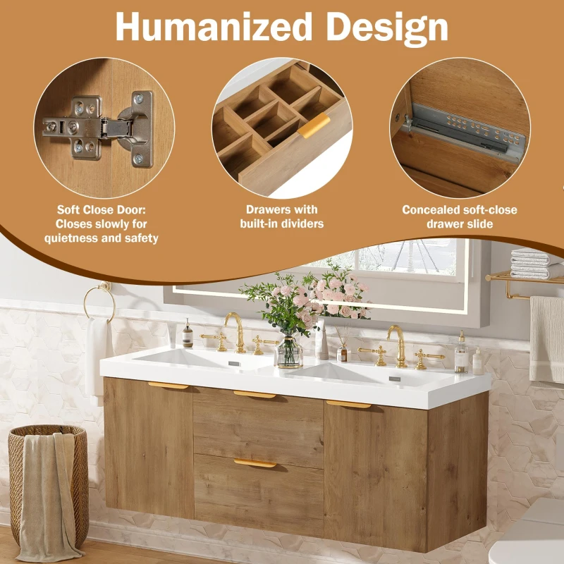 Double Sink Bathroom Vanity with Integrated SMC Top, Wall-Mounted Floating Cabinet for 2 People, 59.5'' L x 20'' W x 25.5'' H, Wood