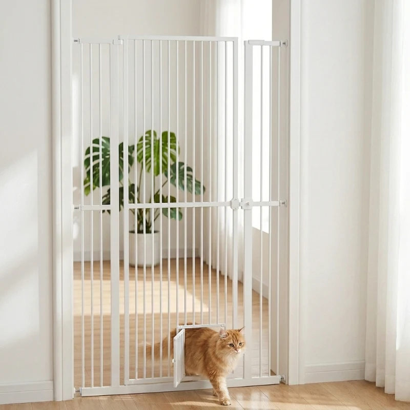 PawHut 67" Extra Tall Pet Gate, 30"-41" Dog Gate with Cat Door, 1.4" Narrow Gap, 2.8" and 5.5" Extension, for Doorway, Hallway