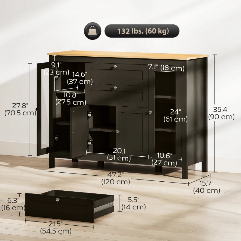 HOMCOM Buffet Cabinet Sideboard with 2 Drawers, 3 Storage Cabinets, Glass Doors and Adjustable Shelves, Dark Brown