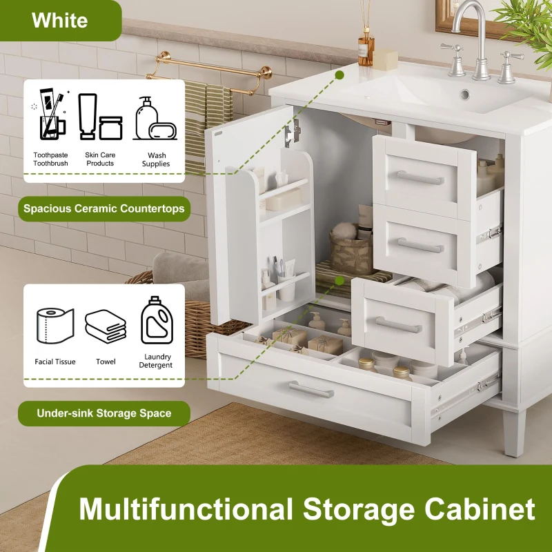 Solid Bathroom Vanity with Single Sink & Built-In Door Shelves, Free-Standing Cabinet with Partitioned Drawer, 30'' L x 18.5'' W x 34'' H, Black