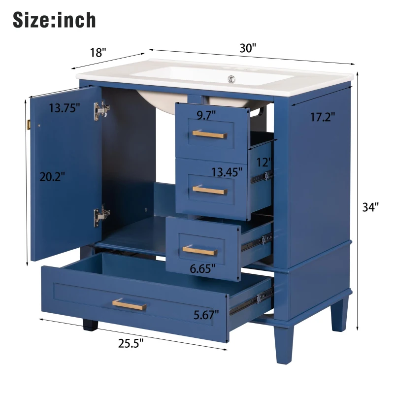 Free-Standing Bathroom Vanity with Ceramic Sink Combo, Modern Cabinet with Solid Wood Frame, 30'' L x 18.5'' W x 34'' H, Blue