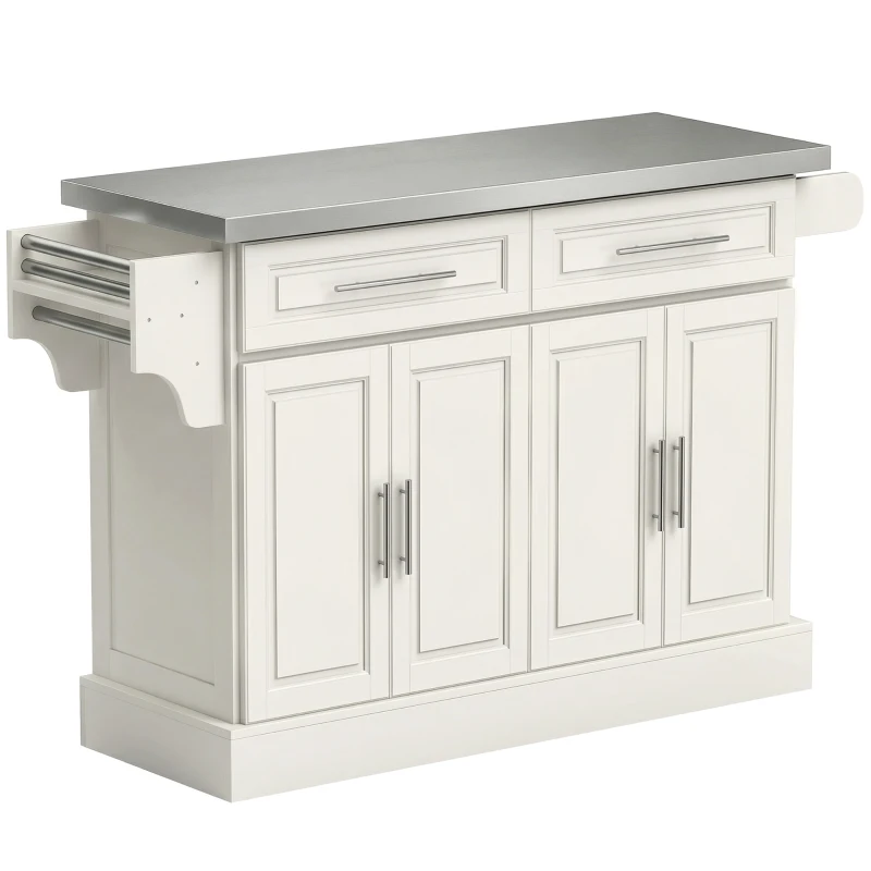 HOMCOM Rolling Kitchen Island with Storage and Stainless Steel Top, Kitchen Trolley with Drawers, Cabinets, Towel Rack, Cream