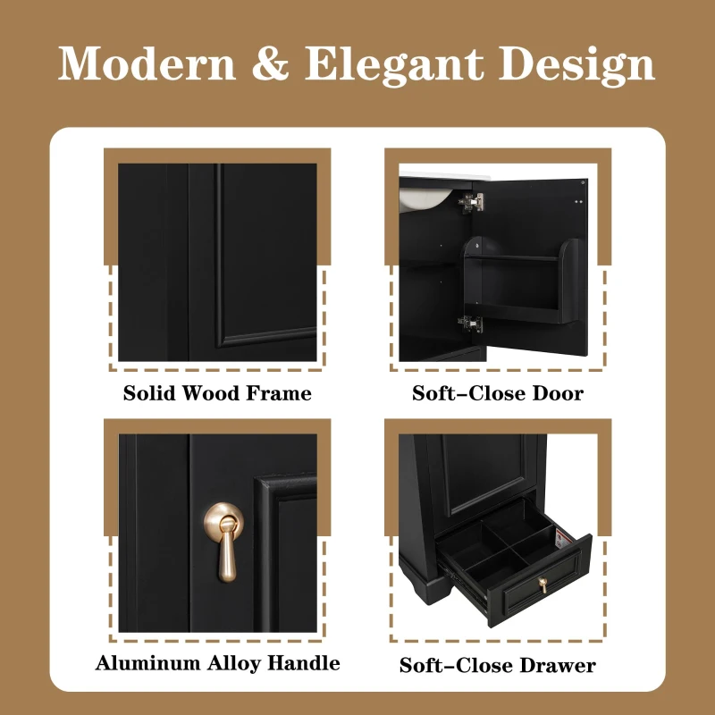 Stylish Bathroom Vanity with Ceramic Sink, Soft-Close Door & Drawer, Space-Saving Cabinet for Compact Washroom, 20'' L x 18.5'' W x 34'' H, Black