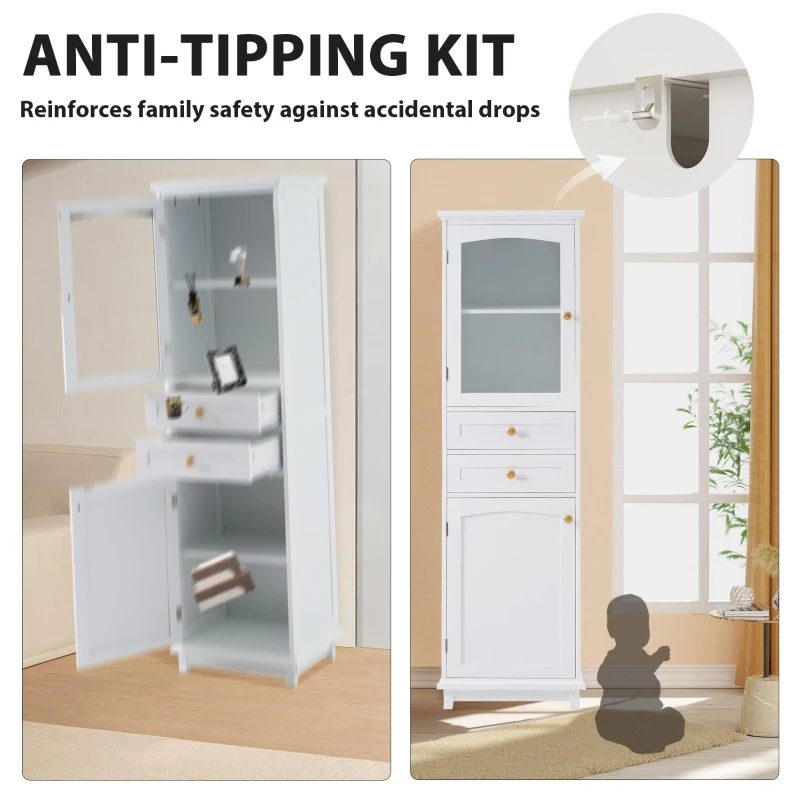 Tall Bathroom Storage Cabinet with Glass Doors, Free-Standing with Adjustable Shelves and Drawers, 18" L x 14" W x 63" H, White