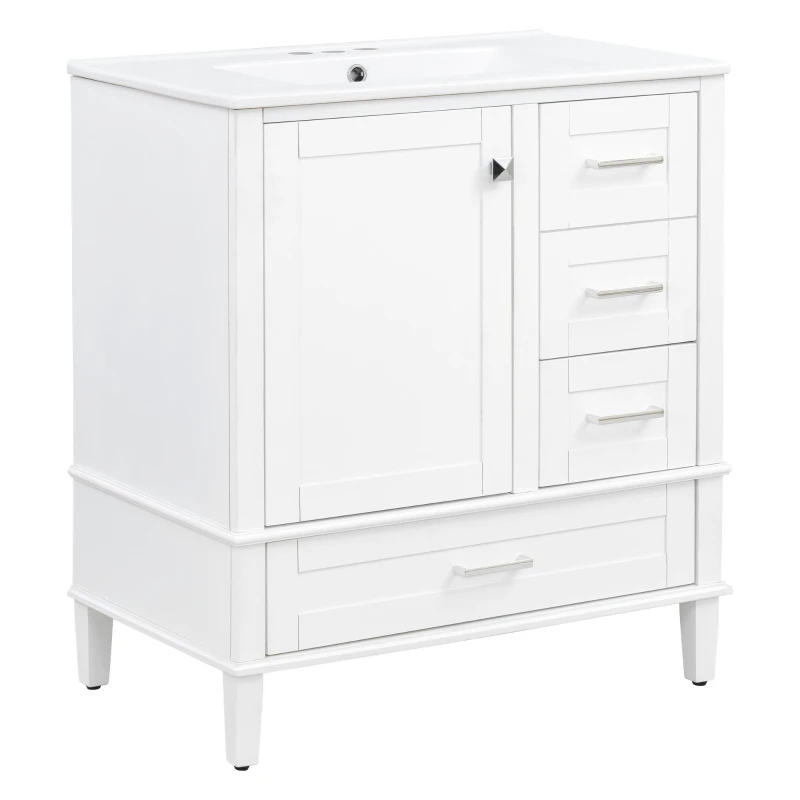 Solid Bathroom Vanity with Single Sink & Built-In Door Shelves, Free-Standing Cabinet with Partitioned Drawer, 30'' L x 18.5'' W x 34'' H, Black
