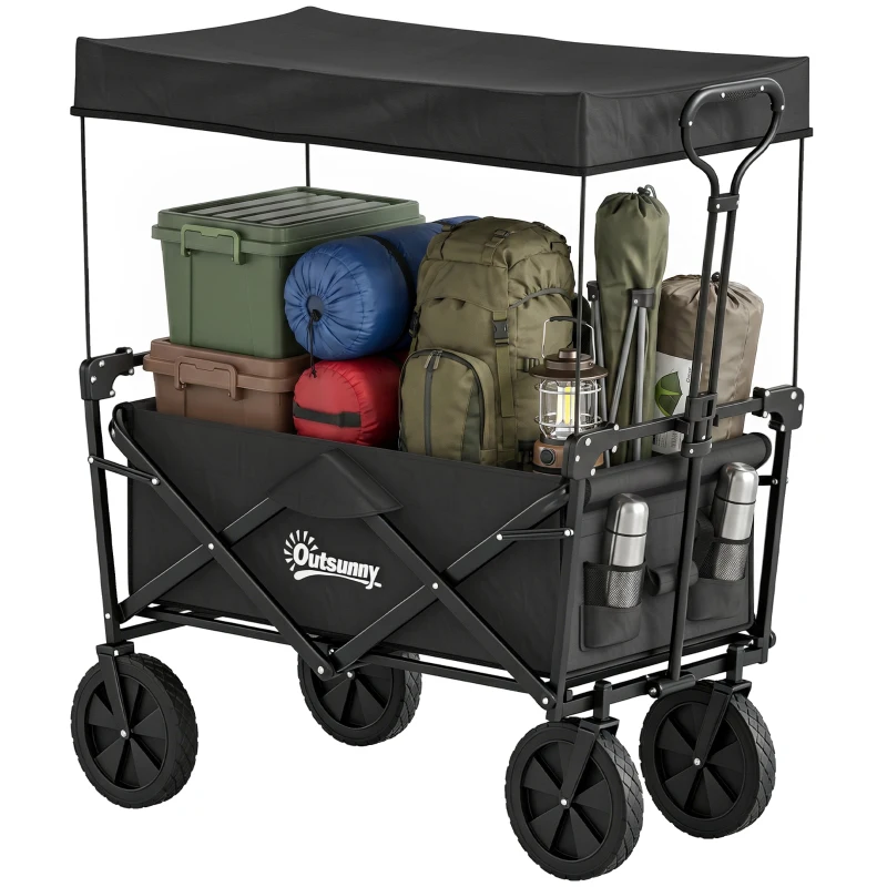 Outsunny Steel Frame Folding Garden Cart, Collapsible Wagon Cart with Removable Canopy, Telescopic Handle and Carrying Bag