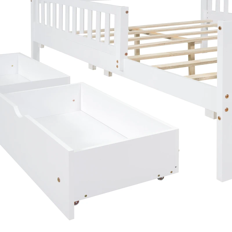 Full Size Wood Platform Bed with 2 Under-Bed Storage Drawers, Solid Bed Frame with Guardrails on Both Sides, 77.5'' L x 57.5'' W x 34.5'' H, White