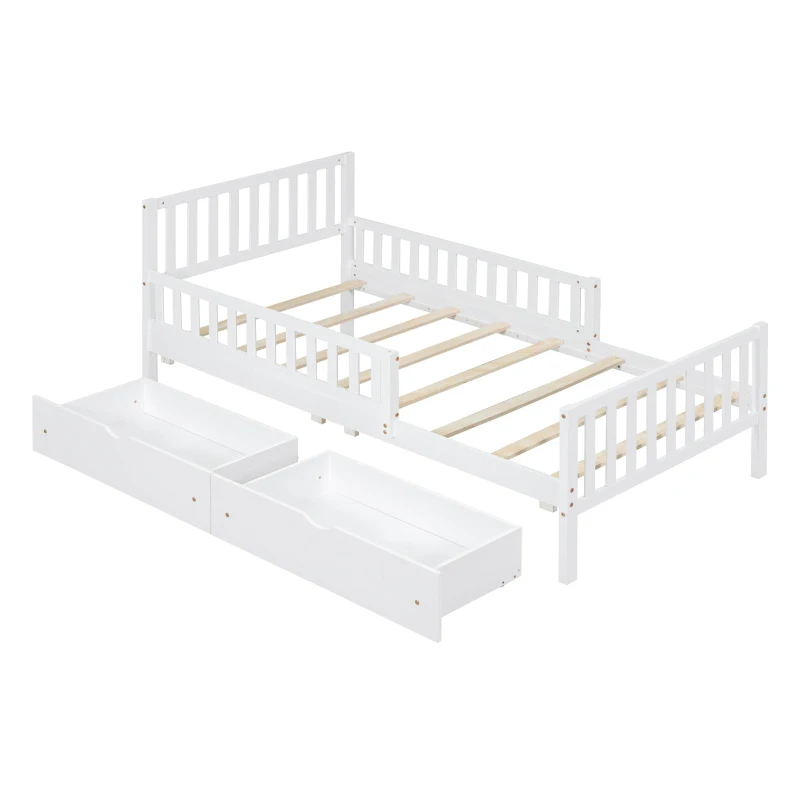 Twin Wood Platform Bed with 2 Under-Bed Storage Drawers, Solid Bed Frame for Children or Restless Sleepers, 77.5'' L x 42'' W x 34.5'' H, White