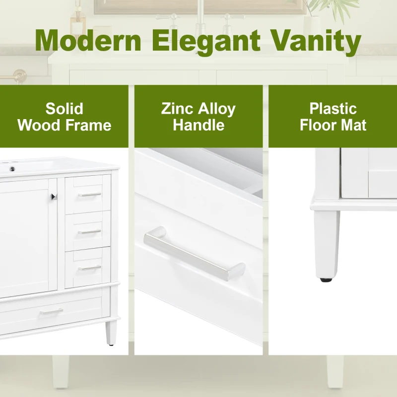 Solid Bathroom Vanity with Single Sink & Built-In Door Shelves, Free-Standing Cabinet with Partitioned Drawer, 30'' L x 18.5'' W x 34'' H, Black