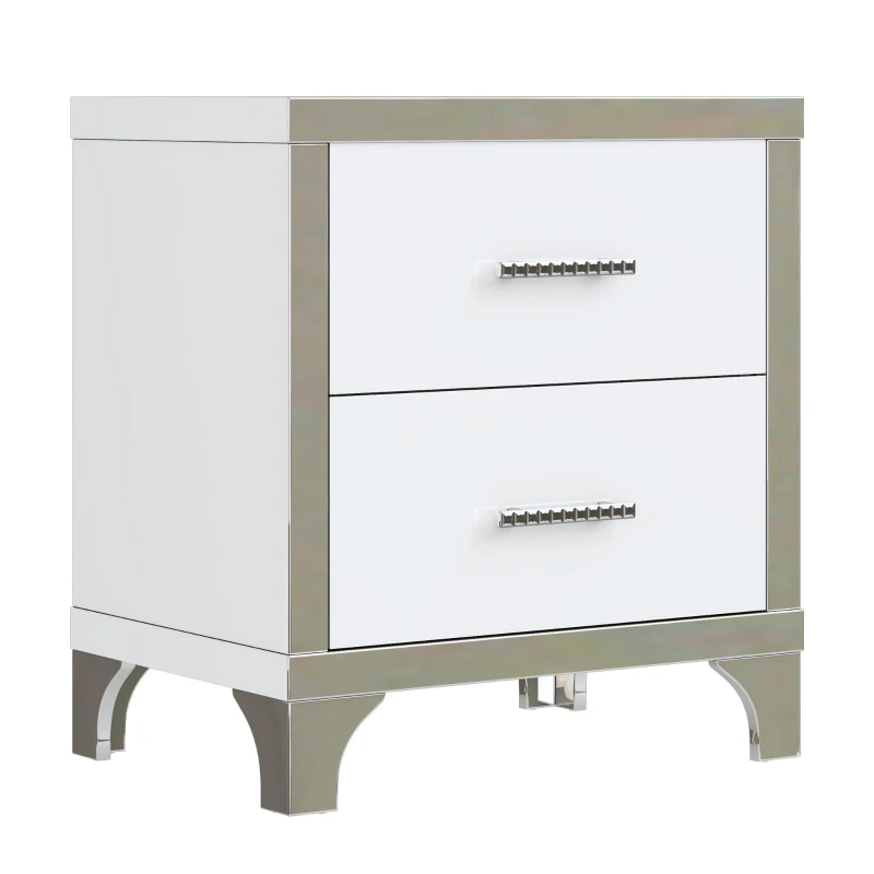 Elegant High-Gloss Nightstand with Metal Handles and Legs, Mirrored Bedside Table for Bedrooms or Apartments, 22.5'' L x 15.5'' W x 23.5'' H, White