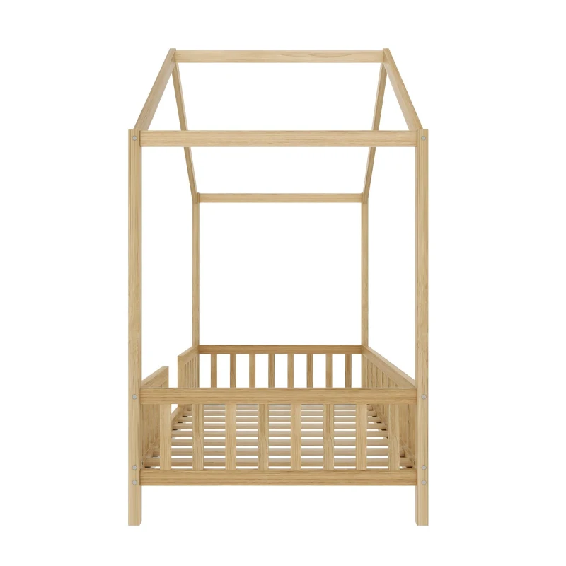 Twin House-Style Toddler Bed with Full Guardrails and DIY Canopy Frame, Montessori Floor Bed with Canopy, 78.5'' L x 41.5'' W x 78'' H, Natural