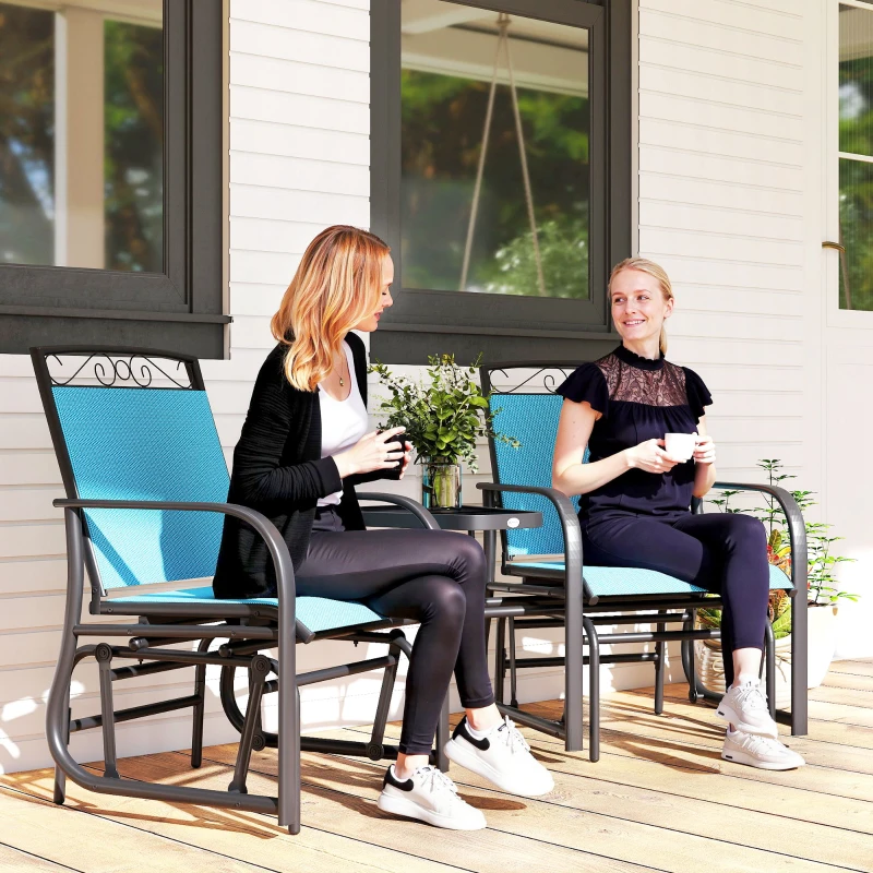 Outsunny Outdoor Glider Chairs with Coffee Table, Patio 2-Seat Rocking Chair Swing with Breathable Sling for Backyard, Blue