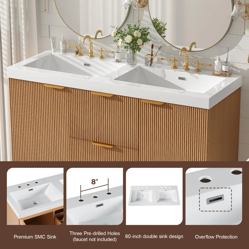 Double Sink Bathroom Vanity with Soft-Close Doors, Wall-Mounted Floating Cabinet with Divided Drawers, 47'' L x 19.5'' W x 23.5'' H, Wood