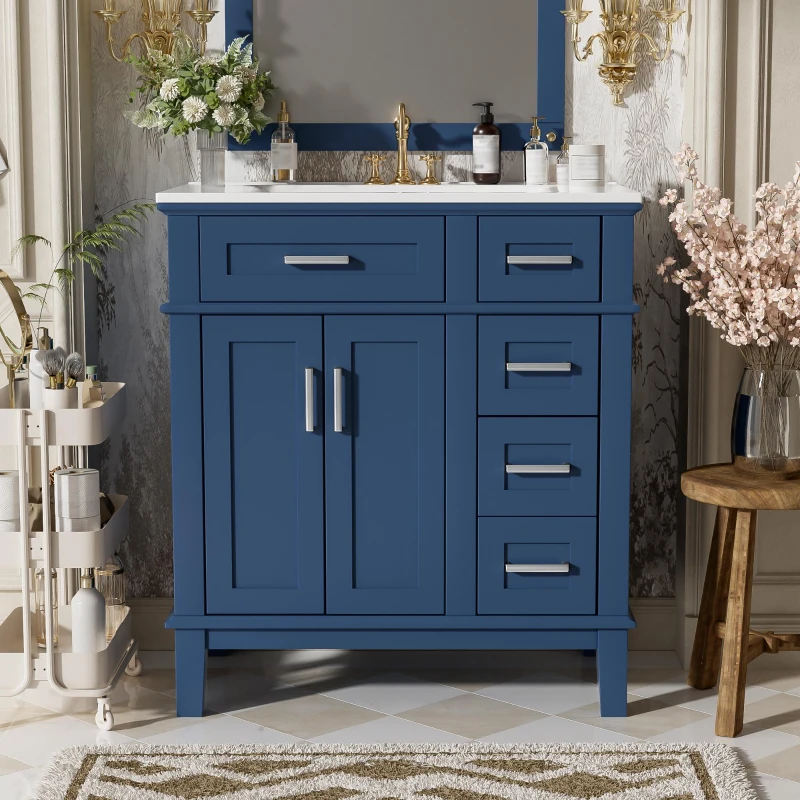 Free-Standing Bathroom Vanity with Ceramic Undermount/Drop-In Sink, Modern Storage Cabinet for Small Condos, 30'' L x 18'' W x 34'' H, Navy Blue