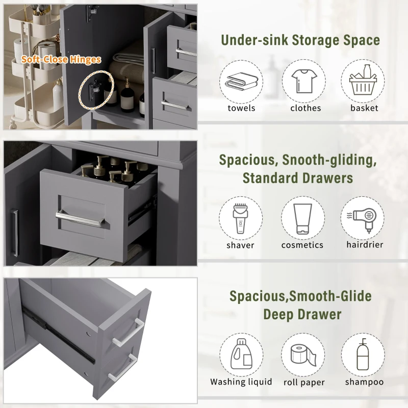 Free-Standing Bathroom Vanity with Ceramic Undermount/Drop-In Sink, Modern Storage Cabinet for Small Condos, 30'' L x 18'' W x 34'' H, Grey