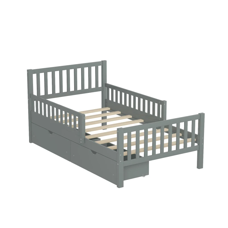 Twin Wood Platform Bed with 8 Slats & 2 Large Under-Bed Drawers, Solid Bed Frame for Children’s Rooms, 77.5'' L x 42'' W x 34.5'' H, Grey