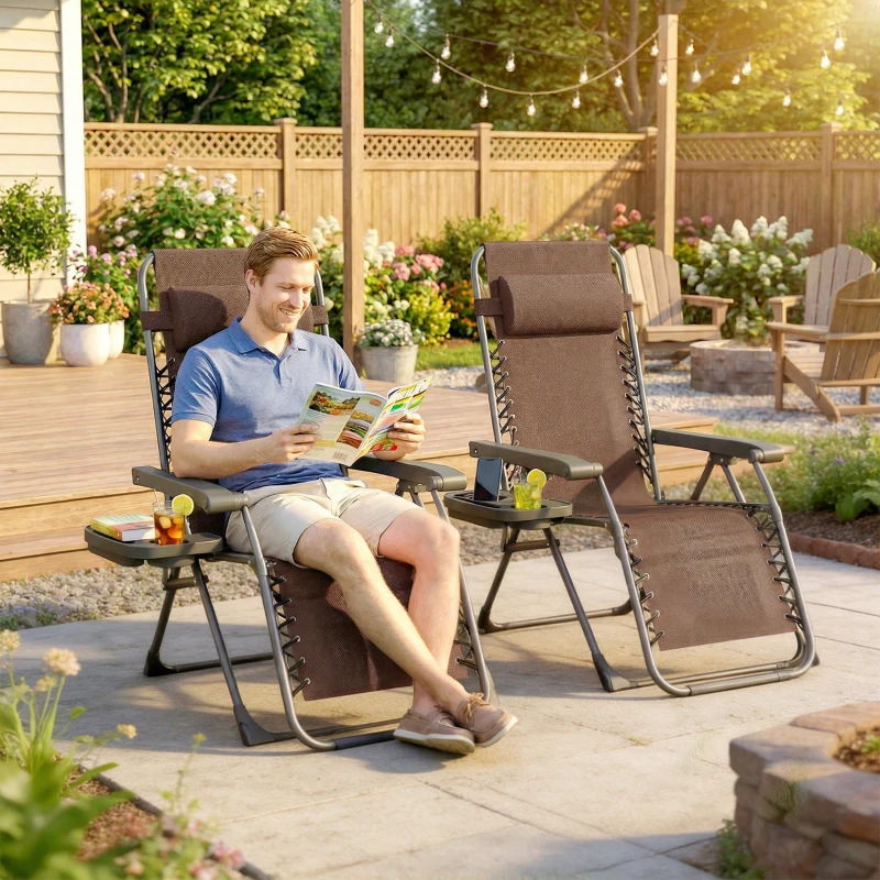 Outsunny Zero Gravity Chair Set of 2, Folding Reclining Outdoor Lounge Chair with Cup Holder, Headrest, Brown