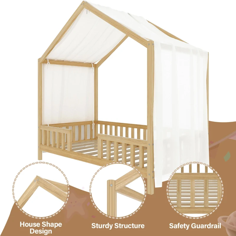 Twin House-Style Toddler Bed with Full Guardrails and DIY Canopy Frame, Montessori Floor Bed with Canopy, 78.5'' L x 41.5'' W x 78'' H, Natural
