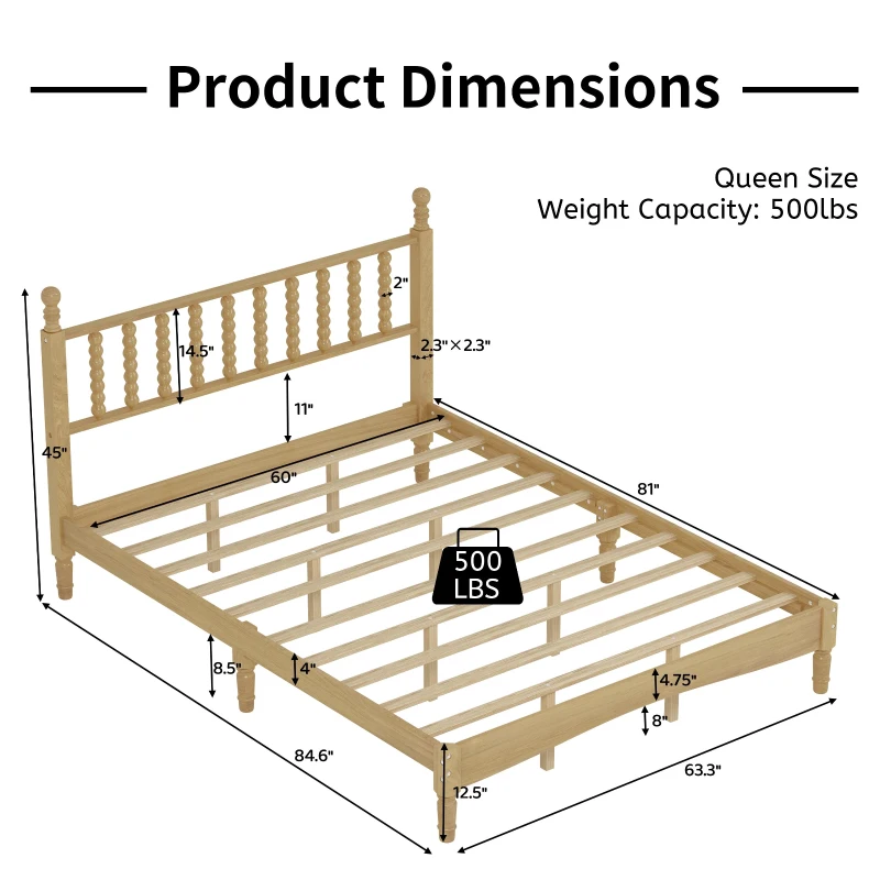 Queen Size Wood Platform Bed with Retro Gourd-Shaped Headboard, Solid Bed Frame for Eclectic Bedrooms, 84.5'' L x 63.5'' W x 45'' H, Natural