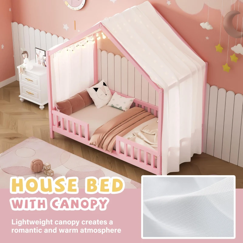 Twin-Size House-Style Toddler Bed Frame with 4-Sided High Railings, Montessori Floor Bed with Canopy, 78.5'' L x 41.5'' W x 78'' H, Pink