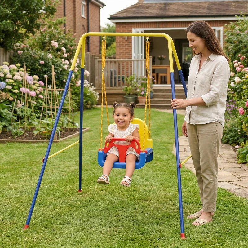 Qaba 3 in 1 Toddler Swing Set, Folding Child Swing Set with Seat Belt, Adjustable Seat for Outdoor Indoor, Blue