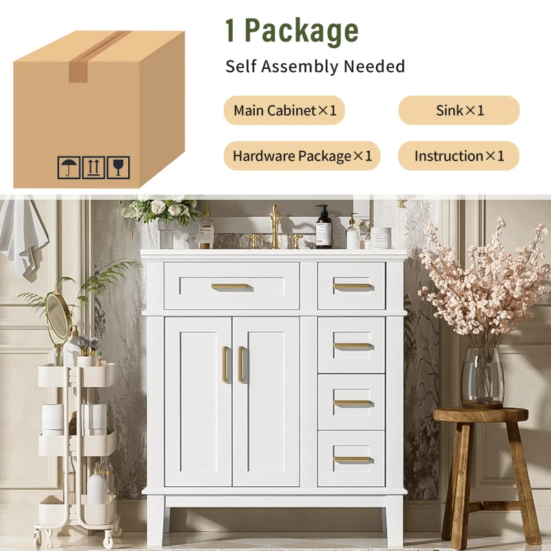 Solid Bathroom Vanity with Ceramic Undermount/Drop-In Sink, Modern Storage Cabinet for Compact Washrooms, 30'' L x 18'' W x 34'' H, White