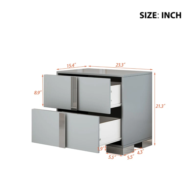 Stylish Nightstand with Relaxed Grey Finish and Slim Metal Feet, Space-Saving Bedside Table for Small Apartmentst, 23.5'' L x 15.5'' W x 21.5'' H, Gray