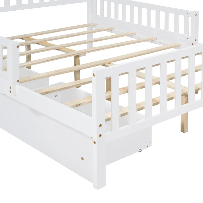 Full Size Wood Platform Bed with 2 Under-Bed Storage Drawers, Solid Bed Frame with Guardrails on Both Sides, 77.5'' L x 57.5'' W x 34.5'' H, White