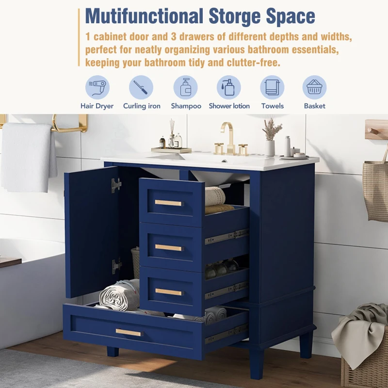 Free-Standing Bathroom Vanity with Ceramic Sink Combo, Modern Cabinet with Solid Wood Frame, 30'' L x 18.5'' W x 34'' H, Blue