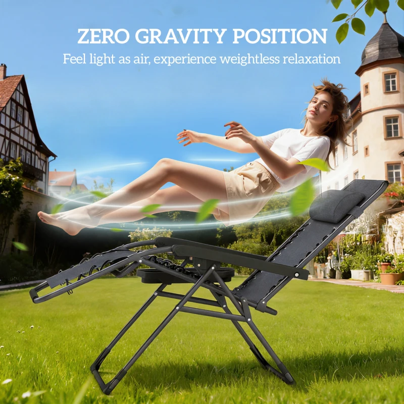 Outsunny Zero Gravity Chair Set of 2, Folding Reclining Outdoor Lounge Chair with Cup Holder, Headrest, Dark Grey