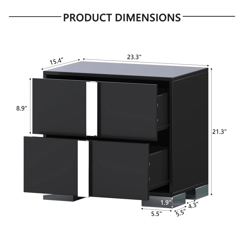 Elegant Black Nightstand with 2 Smooth-Glide Drawers, Durable Beside Table for Bedroom & Compact Apartments, 23.5'' L x 15.5'' W x 21.5'' H, Black